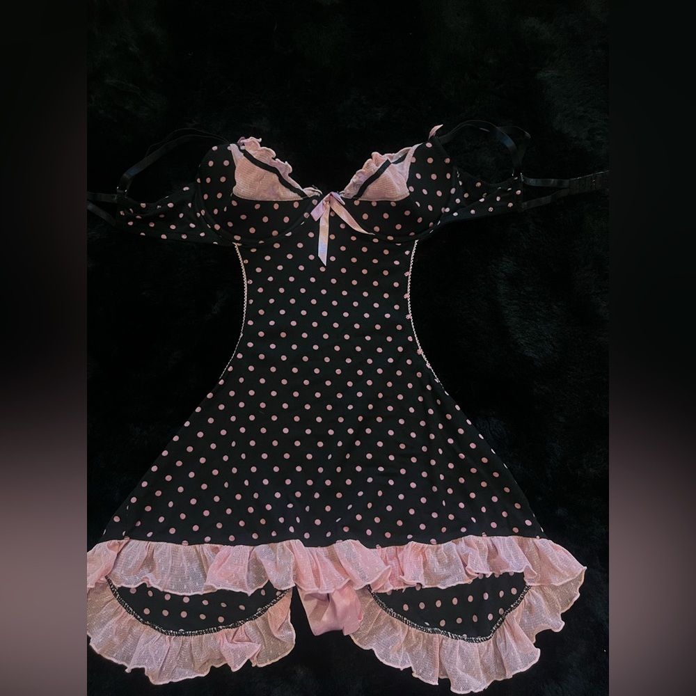 PINK Victoria's Secret Black and Pink Polka Dot Babydoll Chemise